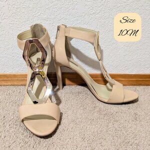 BCBGeneration "Cayce" Stiletto 10M Beige, Back-Zip, Open Toe, Ankle Cuff